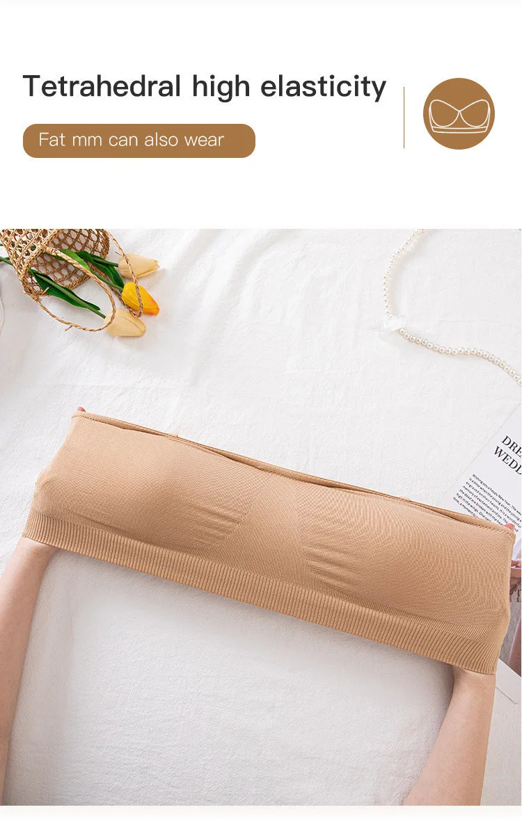 Women's Strapless and Wire-free Bandeau Bra with Full Cup Thin Mold Padding Non-slip Silicone Seamless Bra Plus Size Underwear