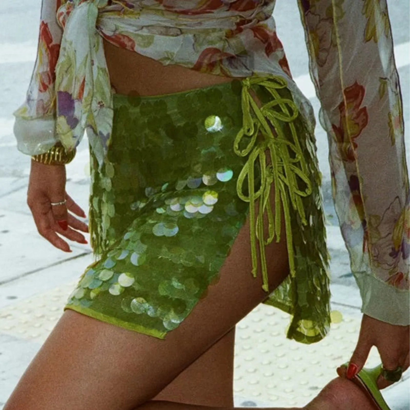 Sequin Mini Skirts for Women Summer Shiny Bandage Short Skirts Side Split Tie Up Skirt Y2K Party Clubwear Streetwear