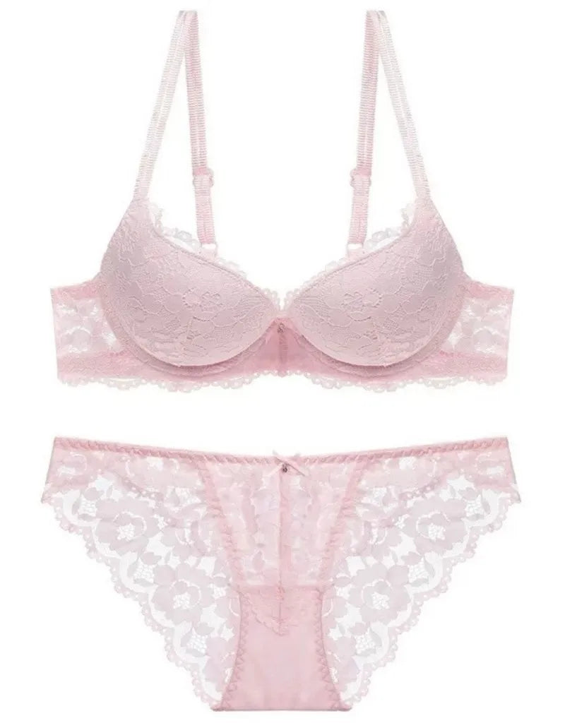Women's Underwear Set Sexy Hollow Lace Floral Bow Padded Push up Bra Suitable for Small Busts Sexy Bras and Panties