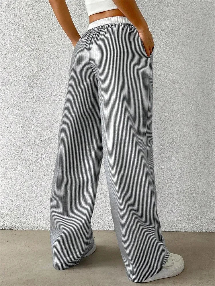 Women's Casual Striped Woven Wide Leg Pants Fall Winter 2024 Casual Stylish Full Length Trousers Y2K Clothes Streetwear