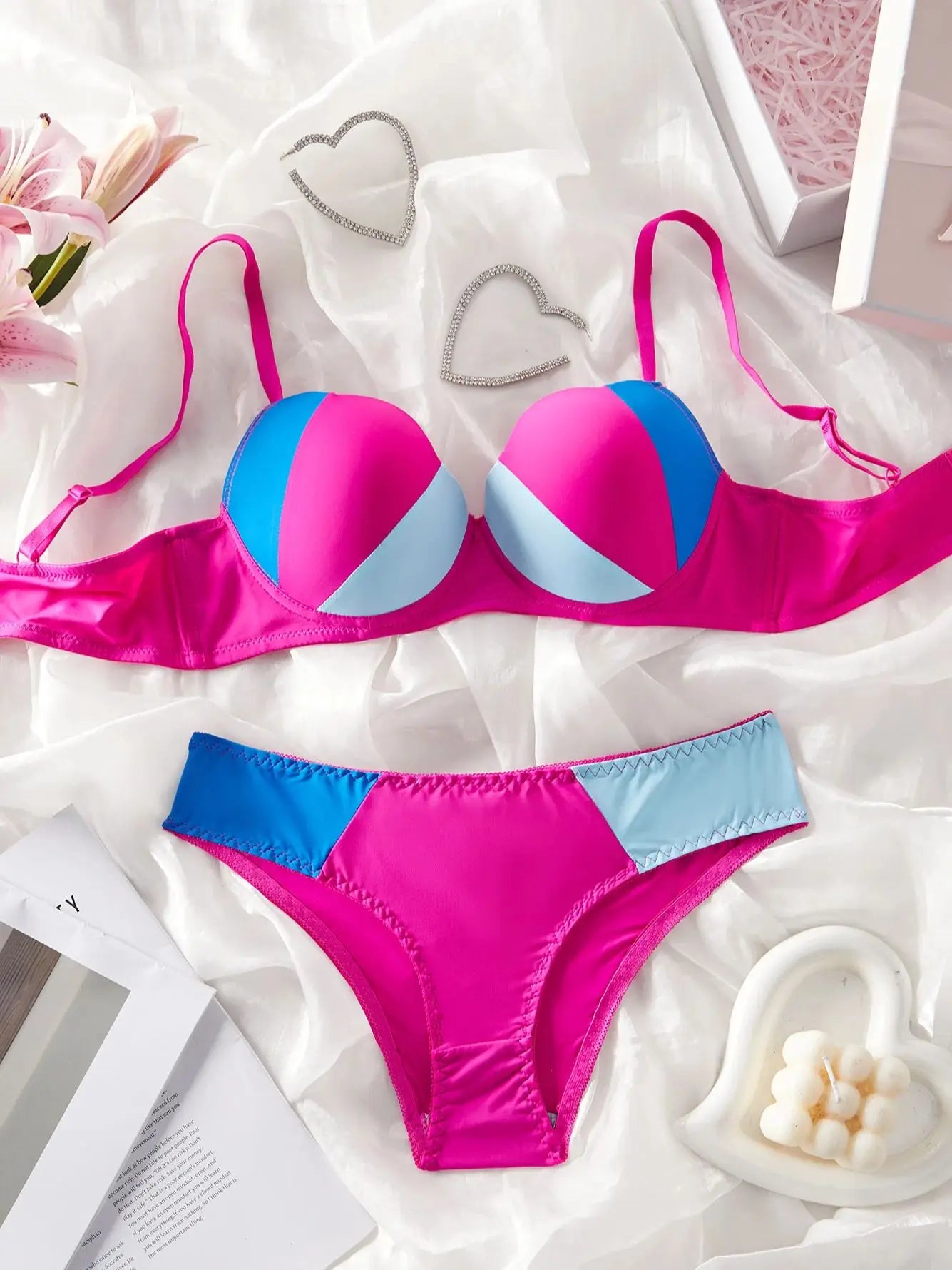 Single-Piece Color-Blocked Sexy Beach Swimwear Set with Underwire Push-Up Bra and Panties, Comfortable Shell Cup Design Lingerie, Stretchy Breathable Panties