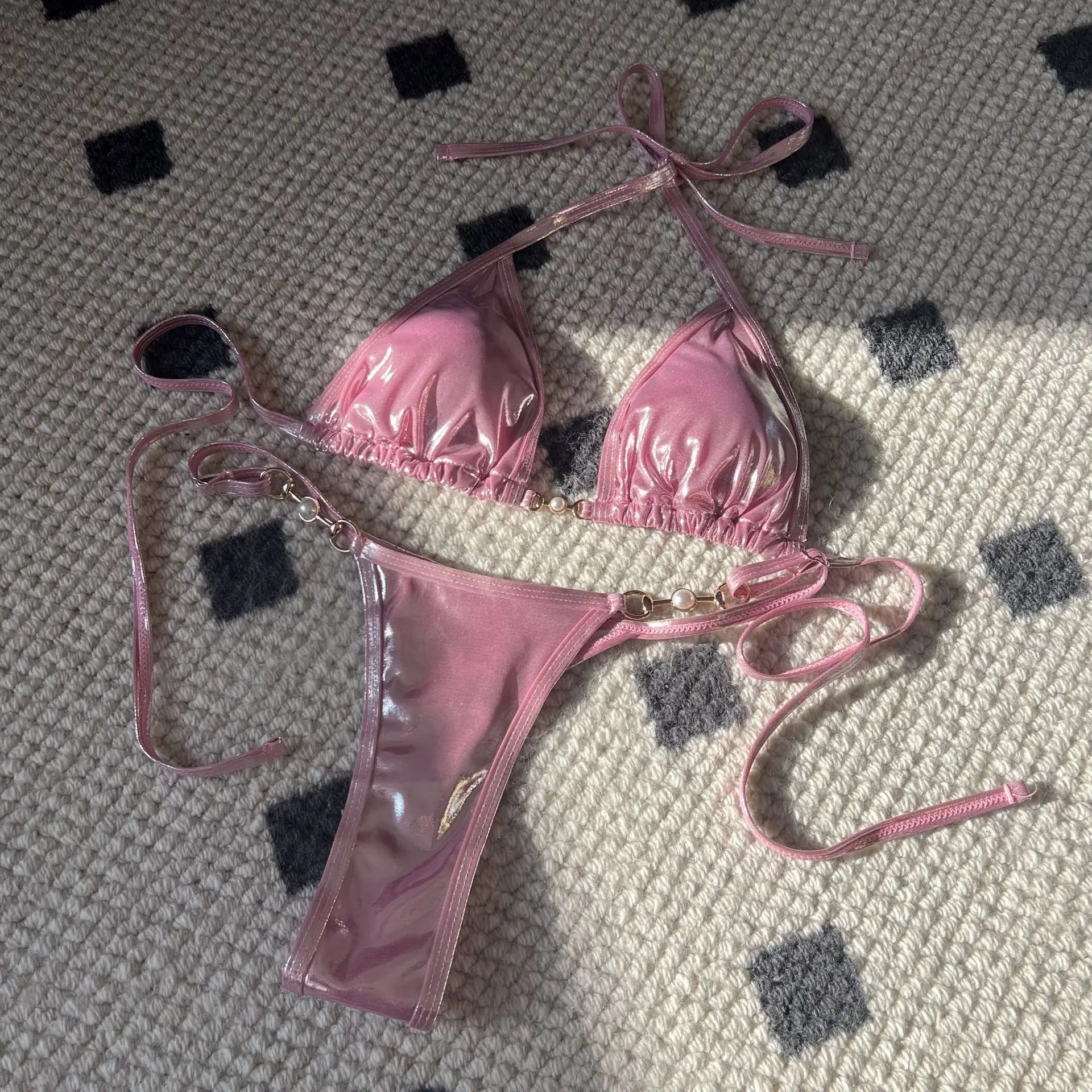 Shiny Pink Micro Bikini 2026 Mujer Women Sexy PU Pearls Push Up Thong Swimsuit Summer Bathing Suit Bandage Holiday Swimwear