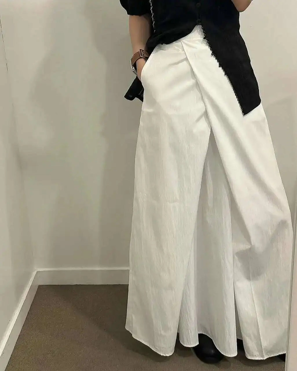 Loose Knee-Length A-Line Skirt Versatile Minimalist Design Commute High Waist Midi Pure Color Polyester Fiber Skirt WDM4