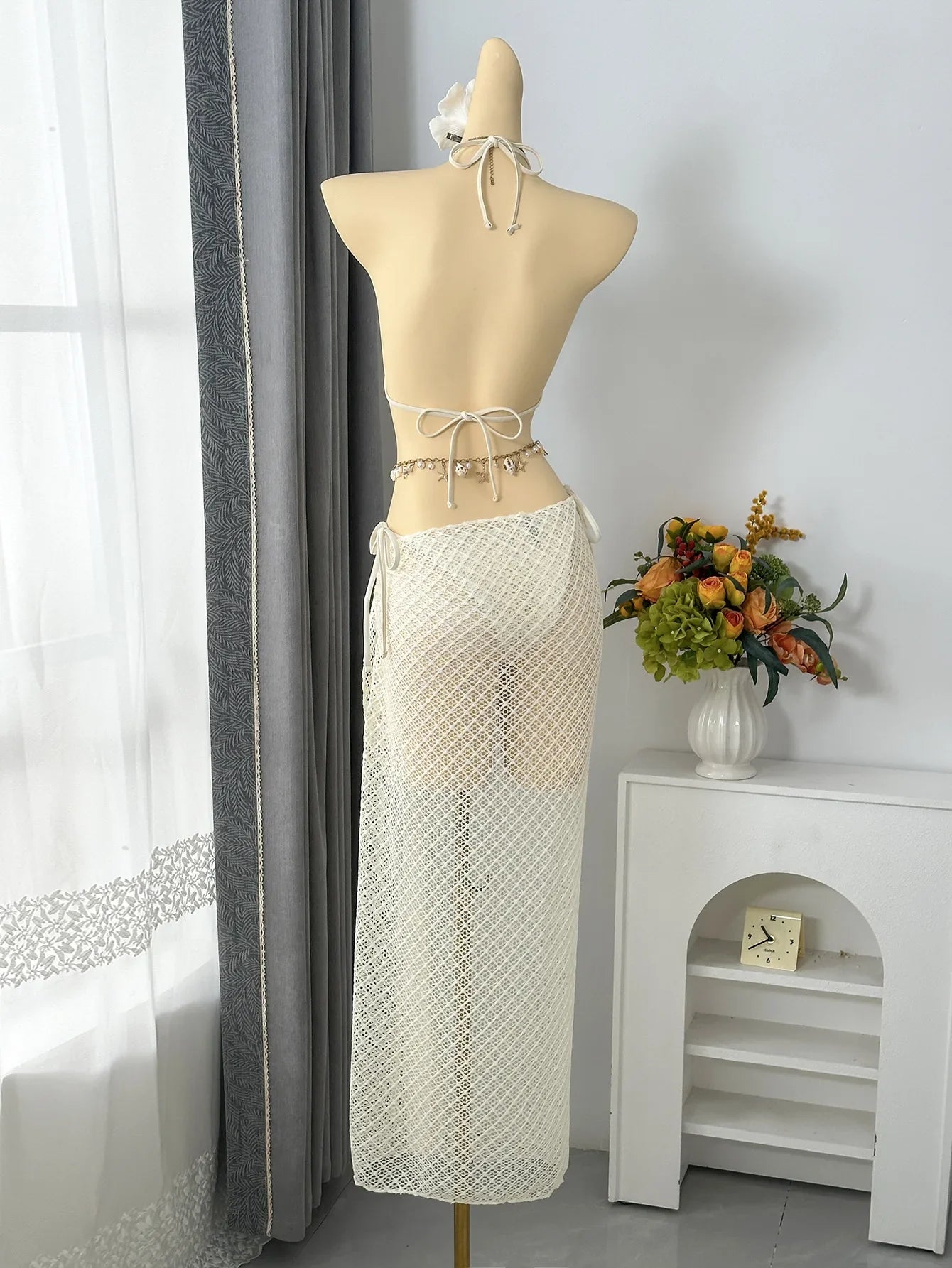 Vintage Beige Black Mesh Skirt 3 Piece Bikini Set 2026 Women Metal Chain Strap Push Up Bra Swimsuit Beach Bathing Suit Swimwear