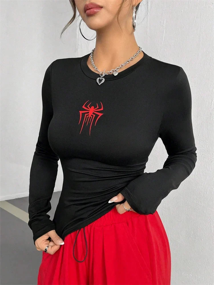 Women Spider Print Round Neck Long Sleeve Crop Tee Top Autumn Winter Spring Y2K Clothes Slim fit T-shirt