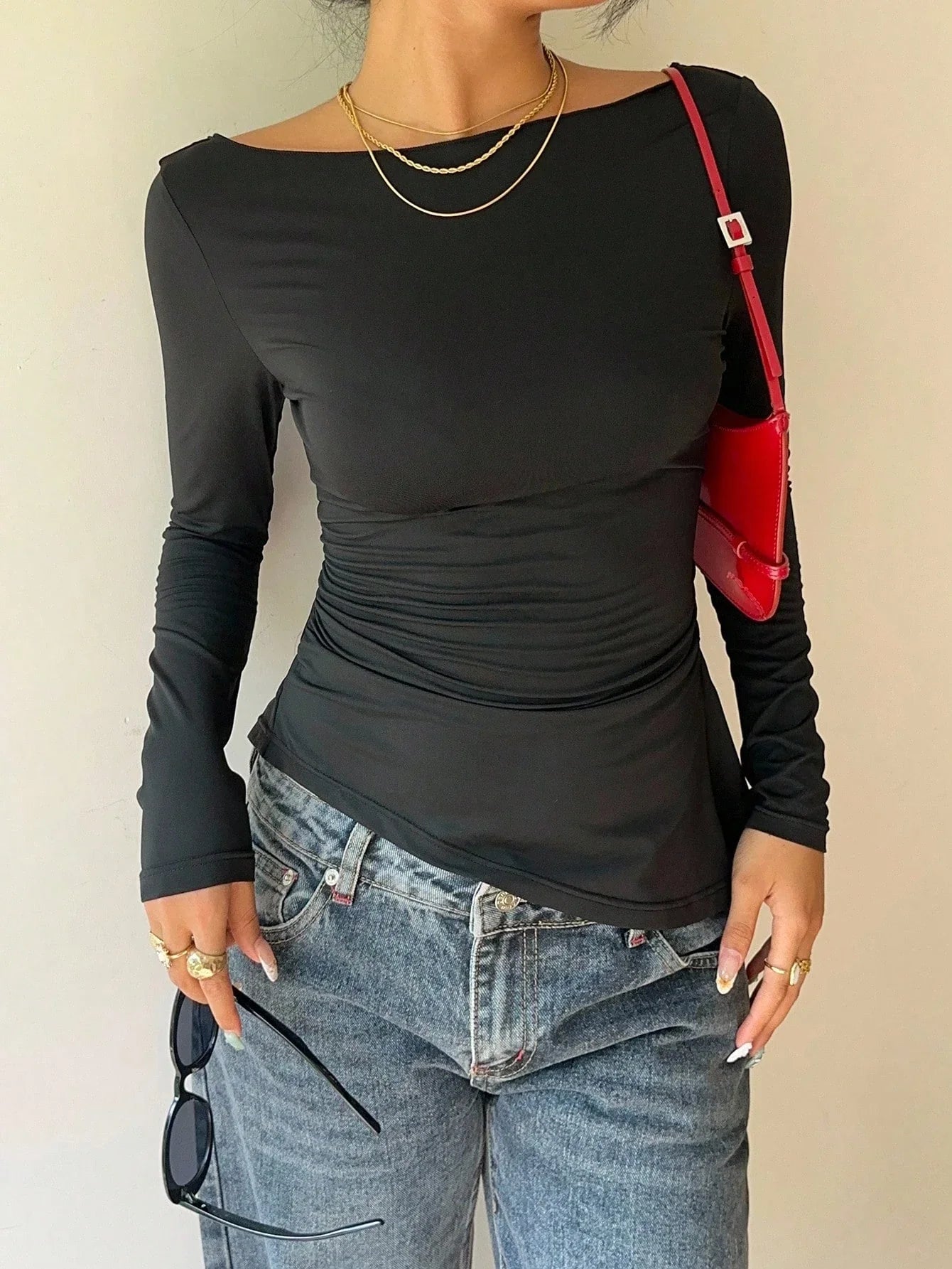Women's Elegant Lace Patchwork Bow Decorate Long Sleeve T-Shirt Casual Asymmetry Hem Slim Fit Boat Collar Pleating Tops 2026