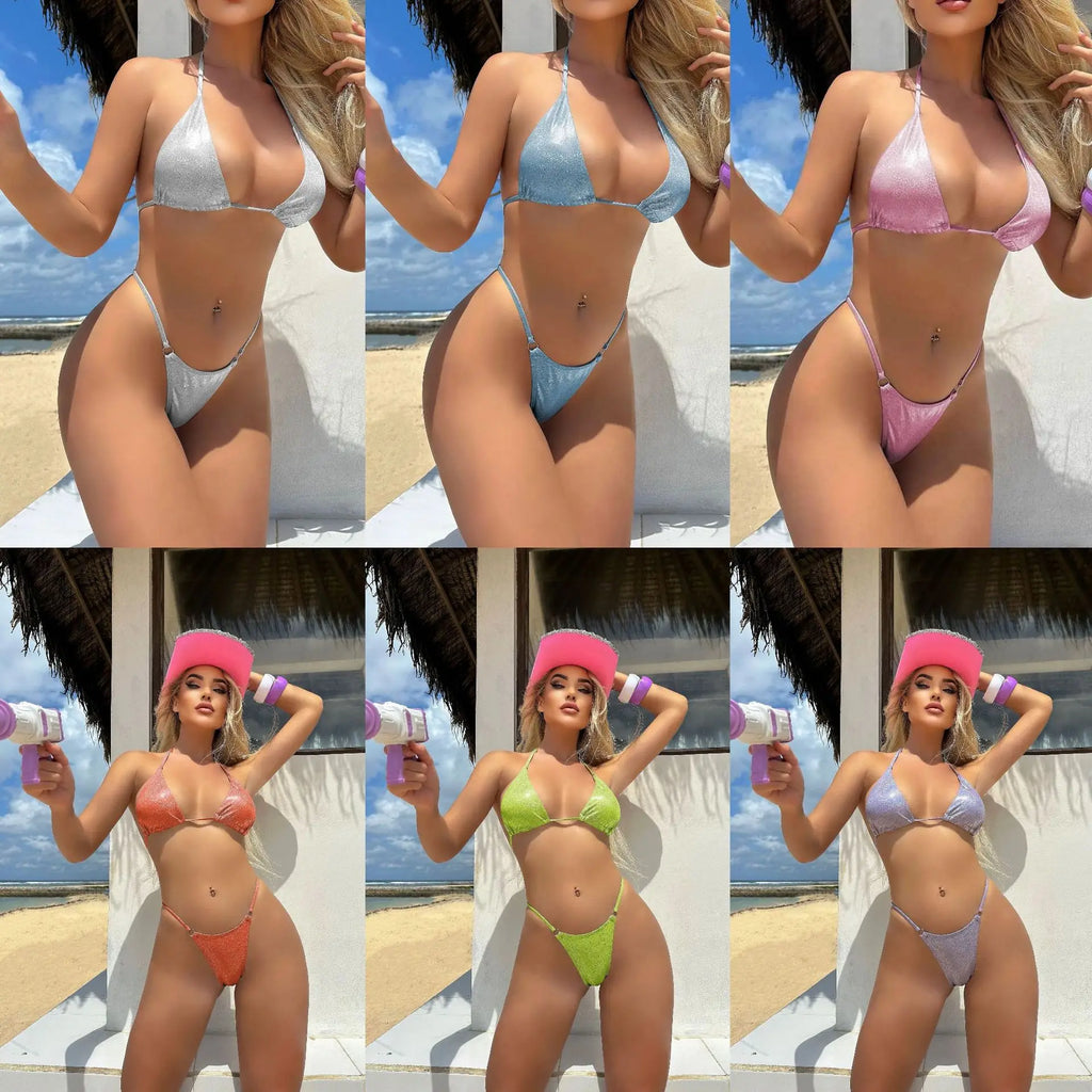 2026 Glitter Sparkling High Cut Halter Bikini Female Swimsuit Women Swimwear Two-pieces Bikini set Bather Bathing Suit Swim
