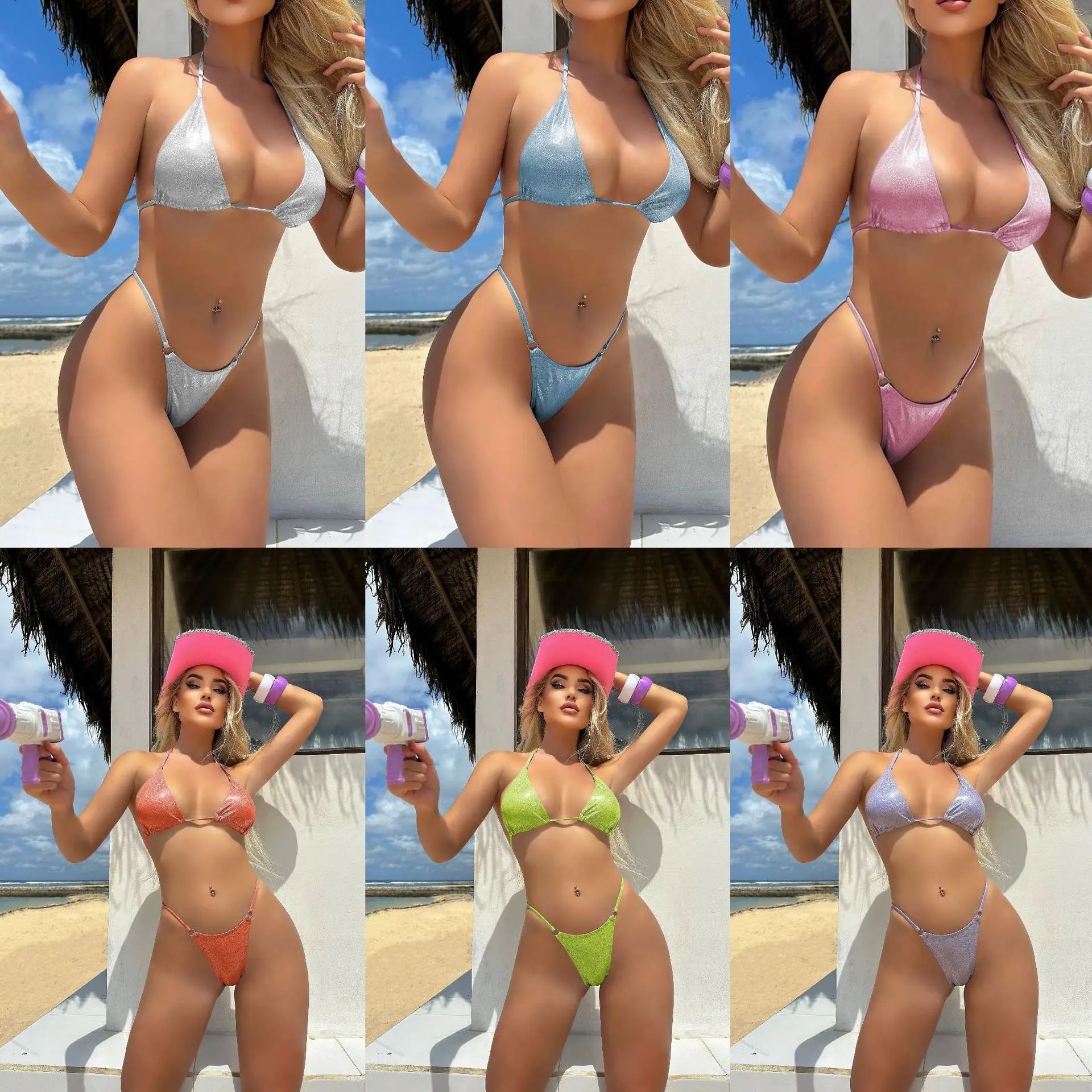 2026 Glitter Sparkling High Cut Halter Bikini Female Swimsuit Women Swimwear Two-pieces Bikini set Bather Bathing Suit Swim