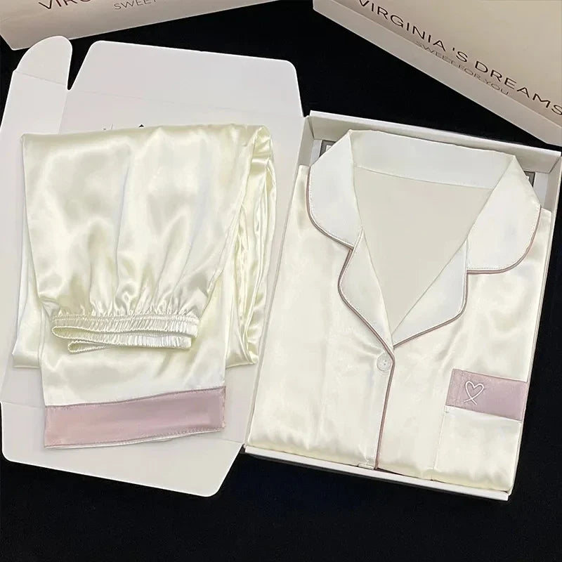 High Quality Ice Silk Light Luxury Pajamas Women's Pajama Spring and Autumn Style Long Sleeve Home Set Satin Nightwear Sleepwear
