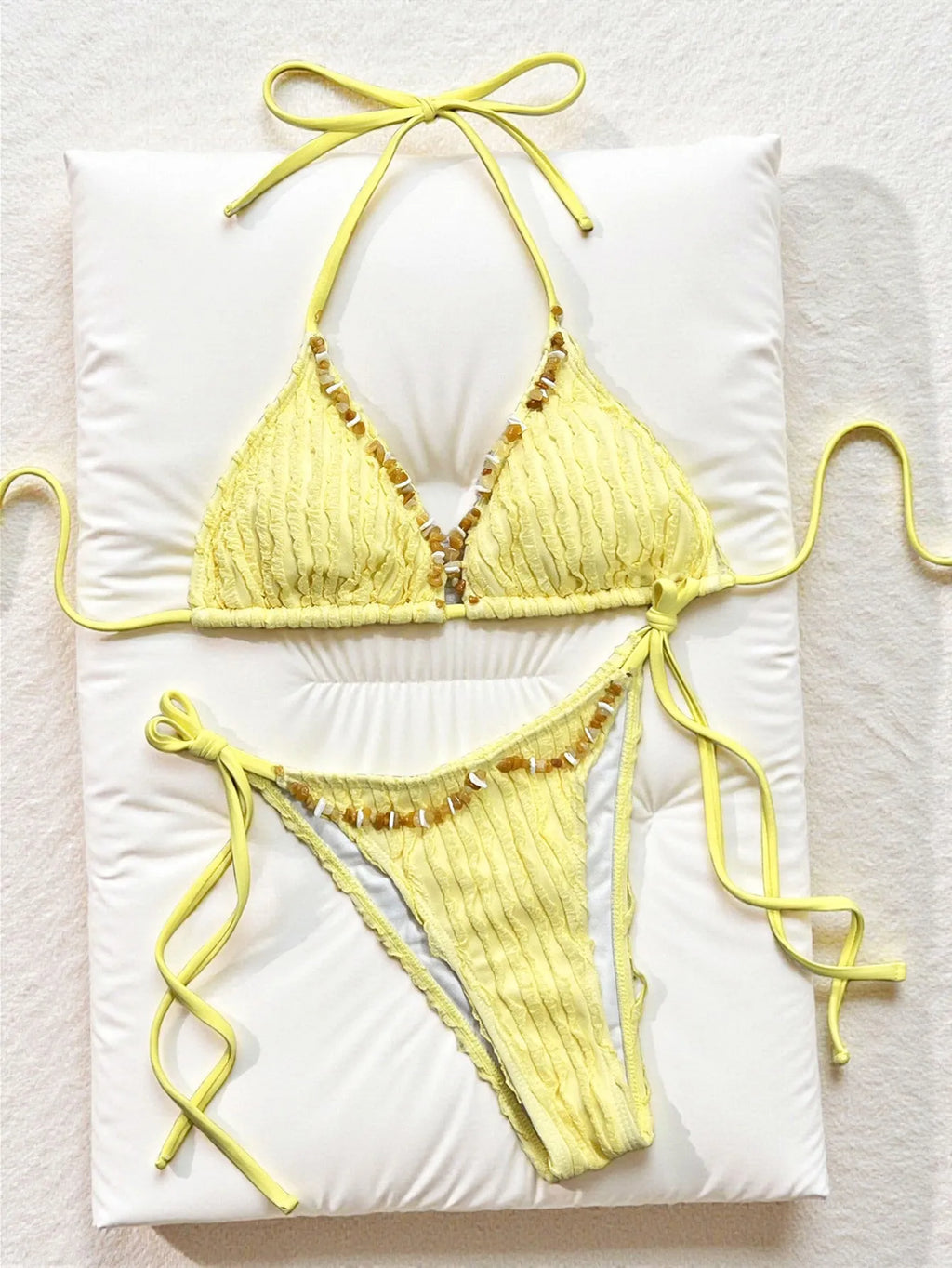 Sexy Braiding Rope V Neck Bikini Set Women Yellow Ribbed Push Up Tie Side Thong Swimsuit 2026 Beach Bathing Suit Micro Swimwear