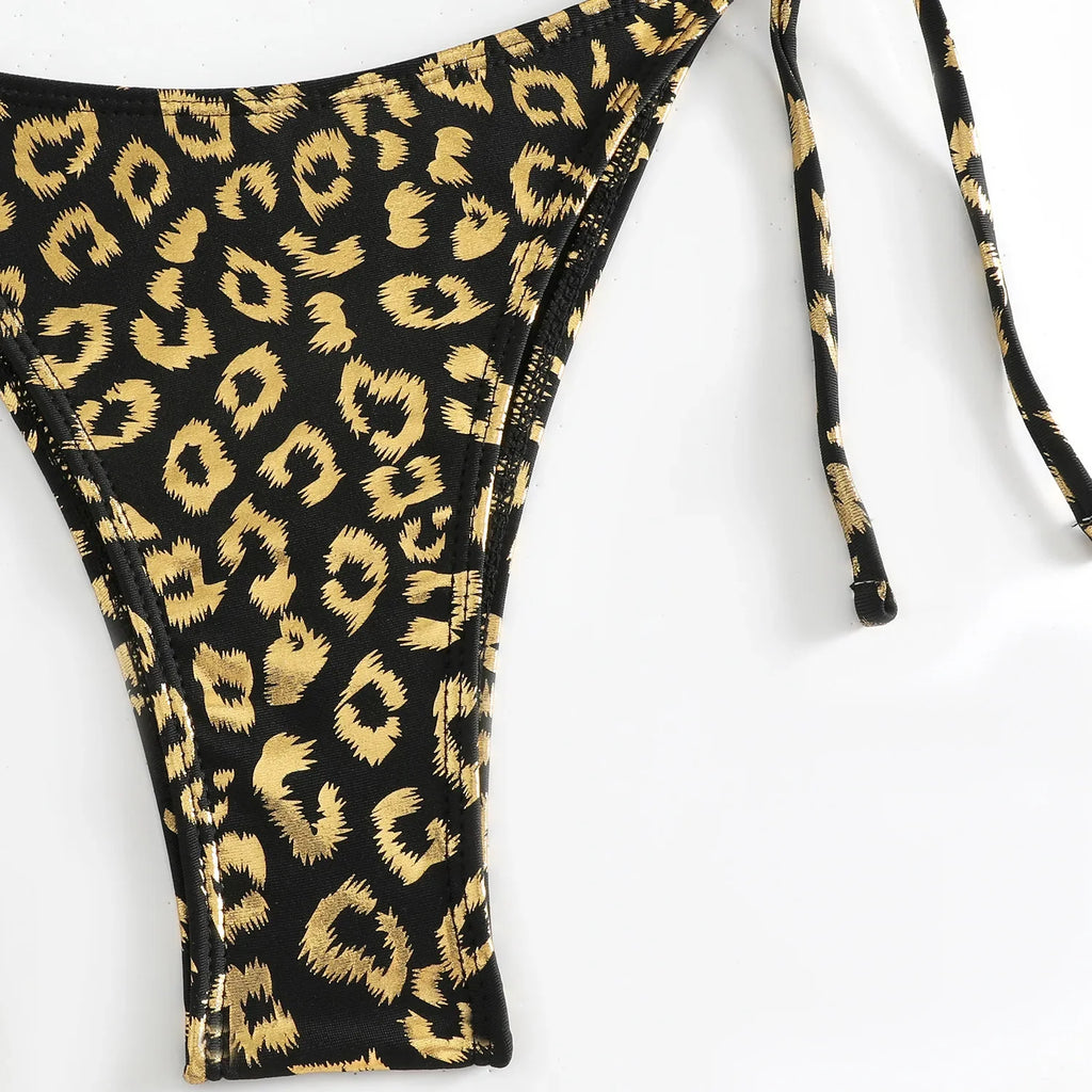 Sexy Orange Leopard Print Bikini Set 2024 Women Halter Push Up Bra Tie Side Thong Swimsuit Summer Backless Bathing Suit Swimwear
