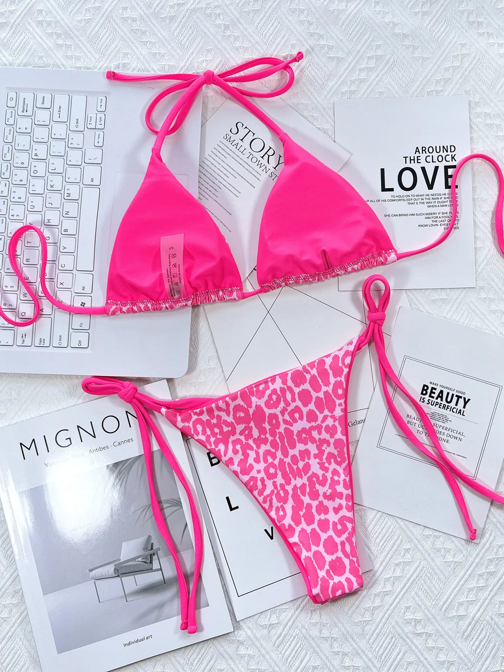 Sexy Mirco Bikini 2024 Women Neon Hot Pink Patchwork Triangle Swimsuit Beach Brazilian Bathing Suit Tie Side Thong Swimwear