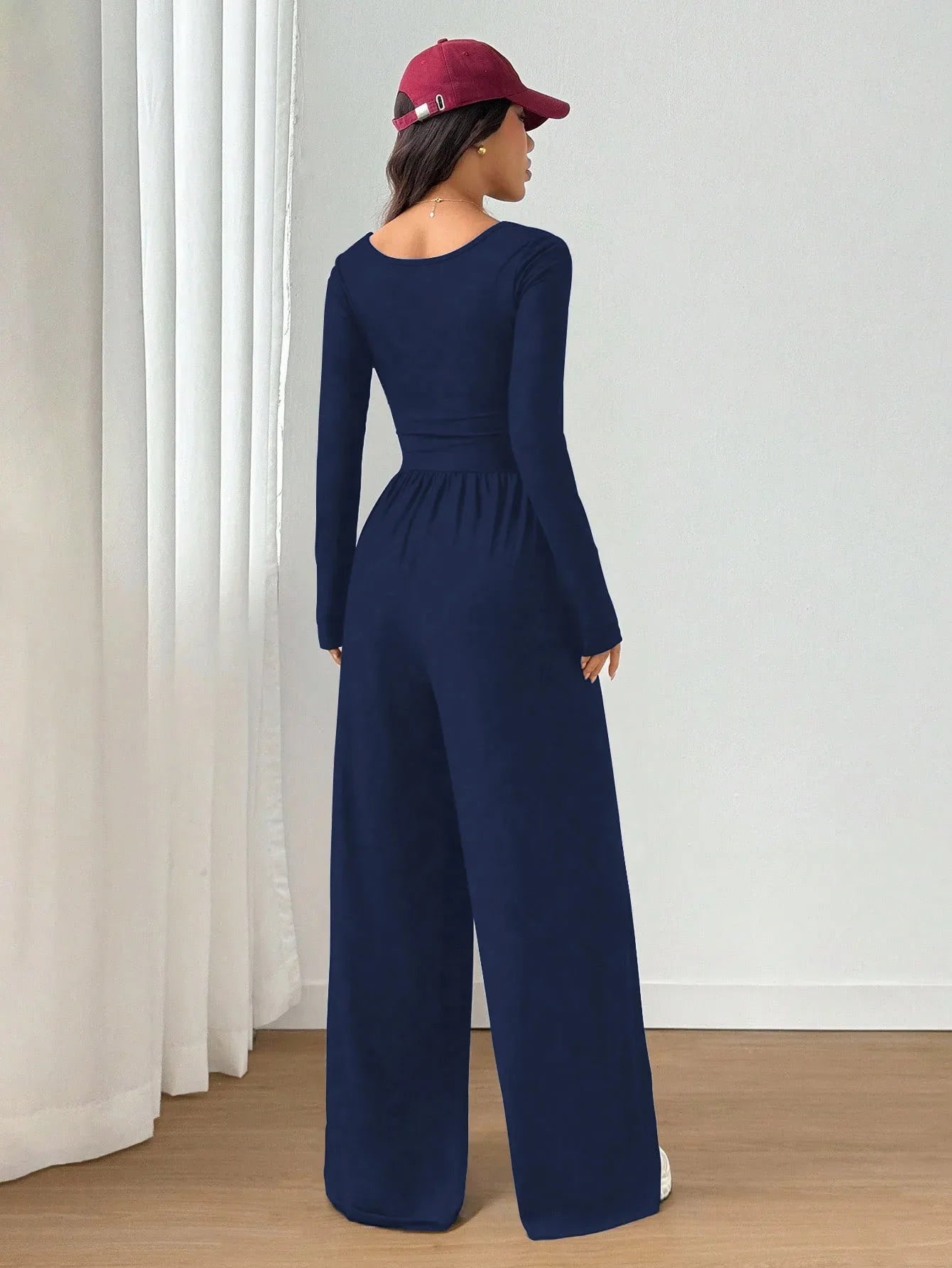 Women's Casual Solid Color Square Neck Long Sleeve A-Line Jumpsuit Pleating Wide Leg Loose Mopping Jumpsuit Spring/Fall 2026