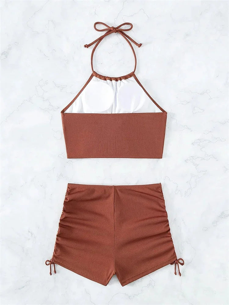 Sexy Ring Linked Pleate Bikini Set Women Brown Cut Out Push Up Two Piece Swimsuit 2024 Bathing Suit High Waist Panties Swimwear