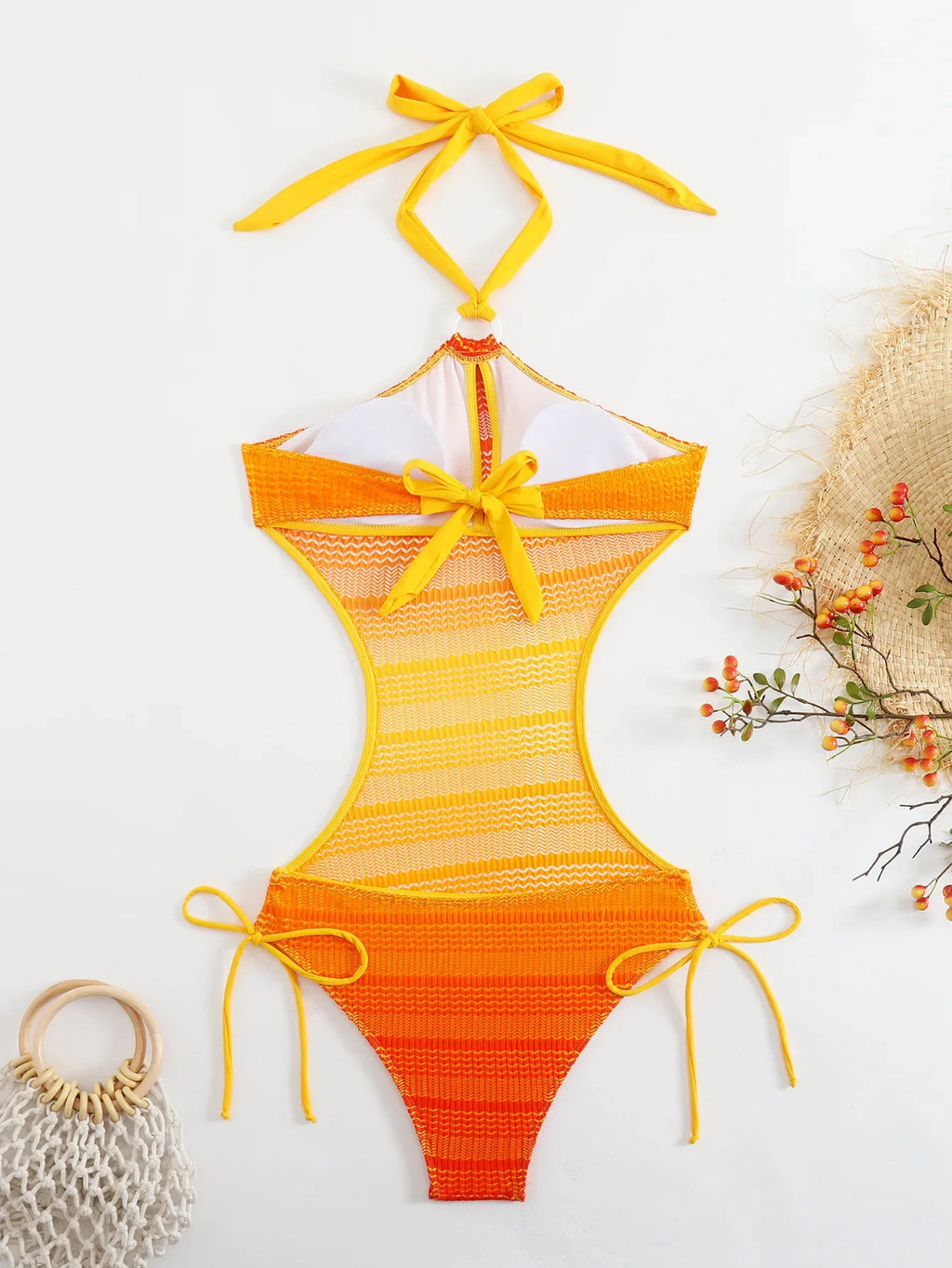 Sexy Orange Gradient Swimsuit Women Hollow Out Backless Lace One Piece Swimwear 2025 Beach Bathing Suit Drawstring Side Monokini
