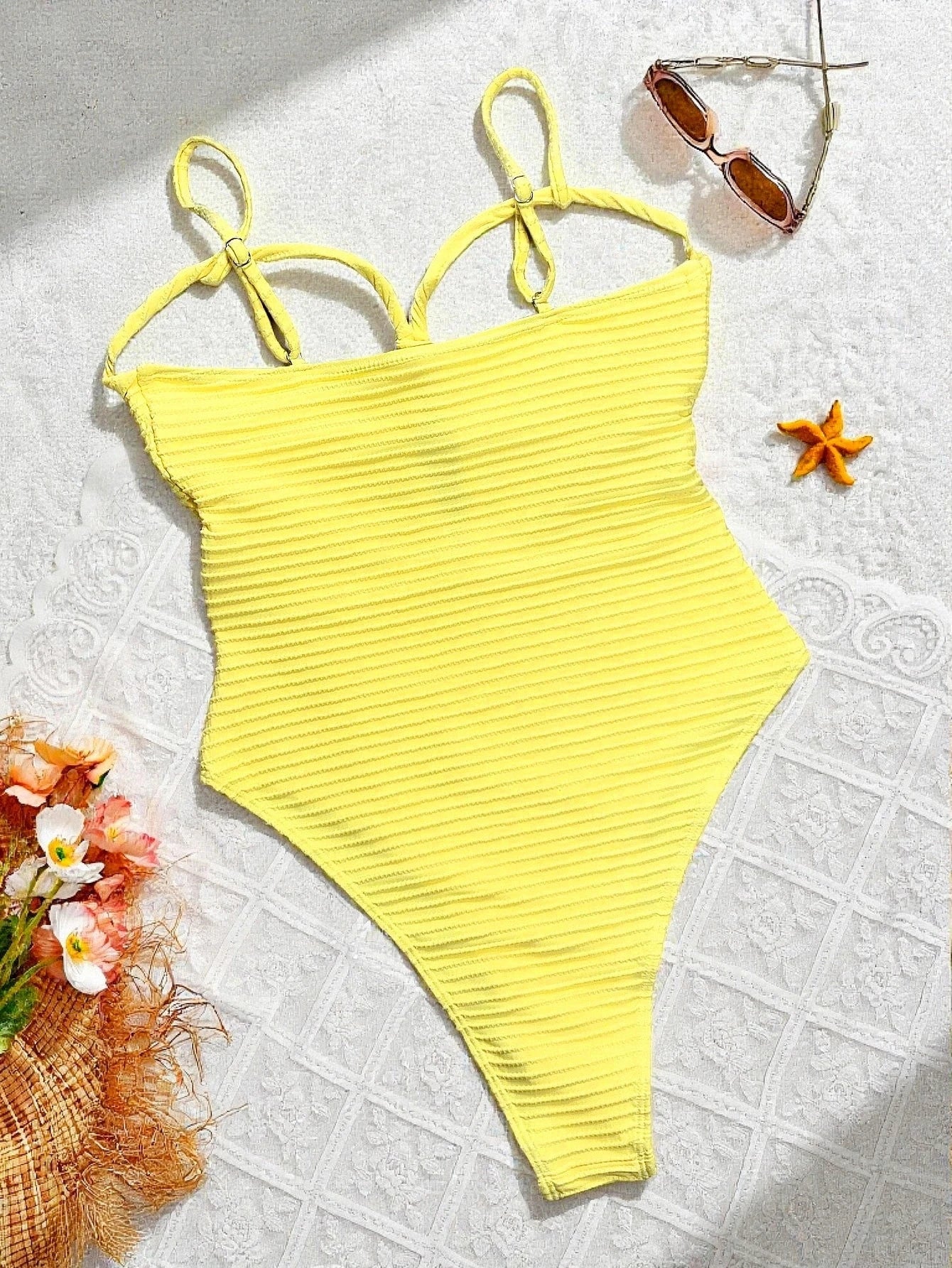 Sexy Yellow Swimwear Women 2026 Hollow Out Cross Slim Tummy Control One Piece Swimsuit Beach Backless Bathing Suit Monokini