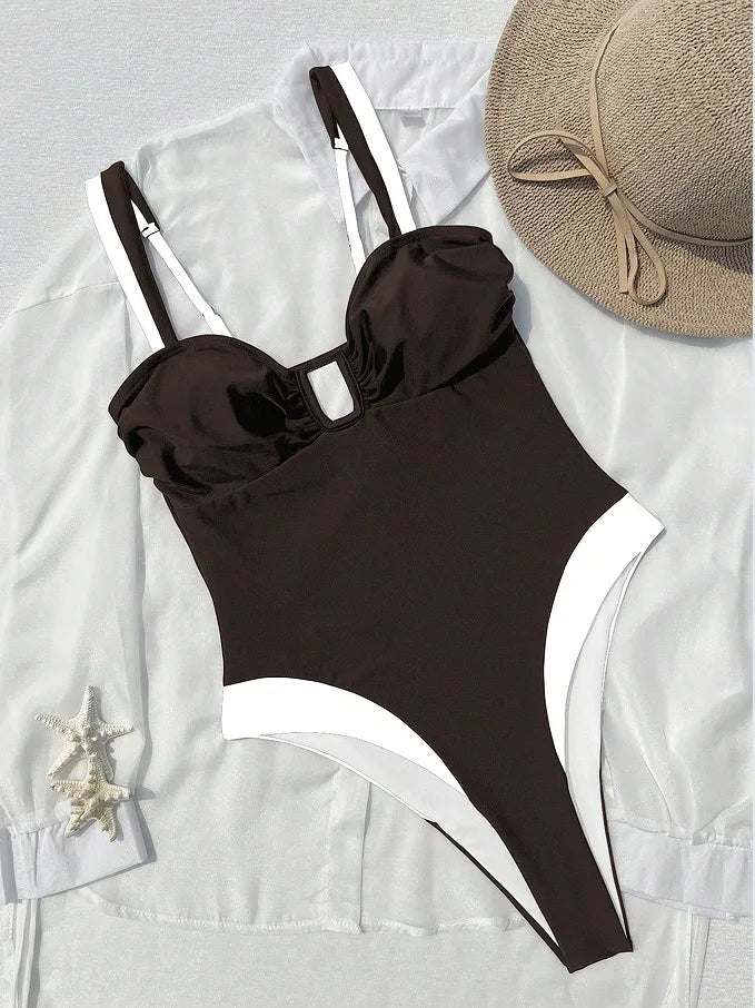 Vintage Black White Patchwork Swimwear Women 2026 Sexy Metal U Neck Backless One Piece Swimsuit Beach Bathing Suits Monokini