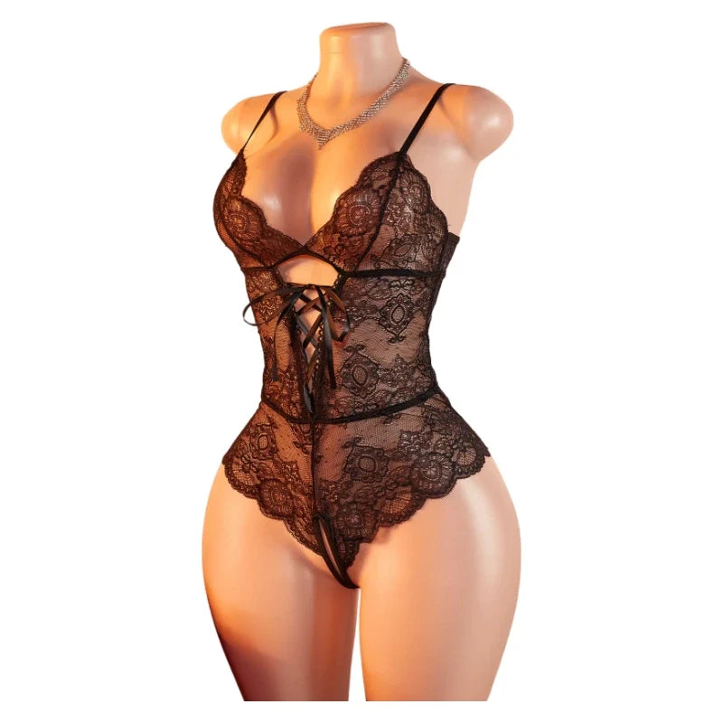 Transparent Bodysuits Lingerie Women Lace Hollow Bra Set Adult Erotic Costume Baby Doll Dress Deep V Open Bra Thin Underwear Set