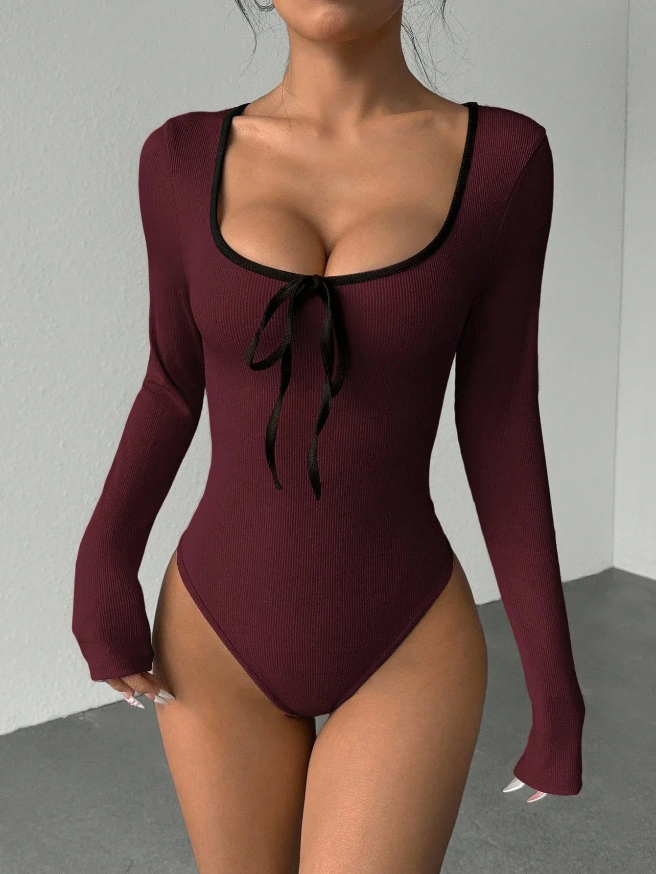 Women's Sexy U-Neck Bowknot Color Block Long Sleeve Bodysuit Casual Slim Fit Rib-knit Bodycon Spring/Fall Streetwear