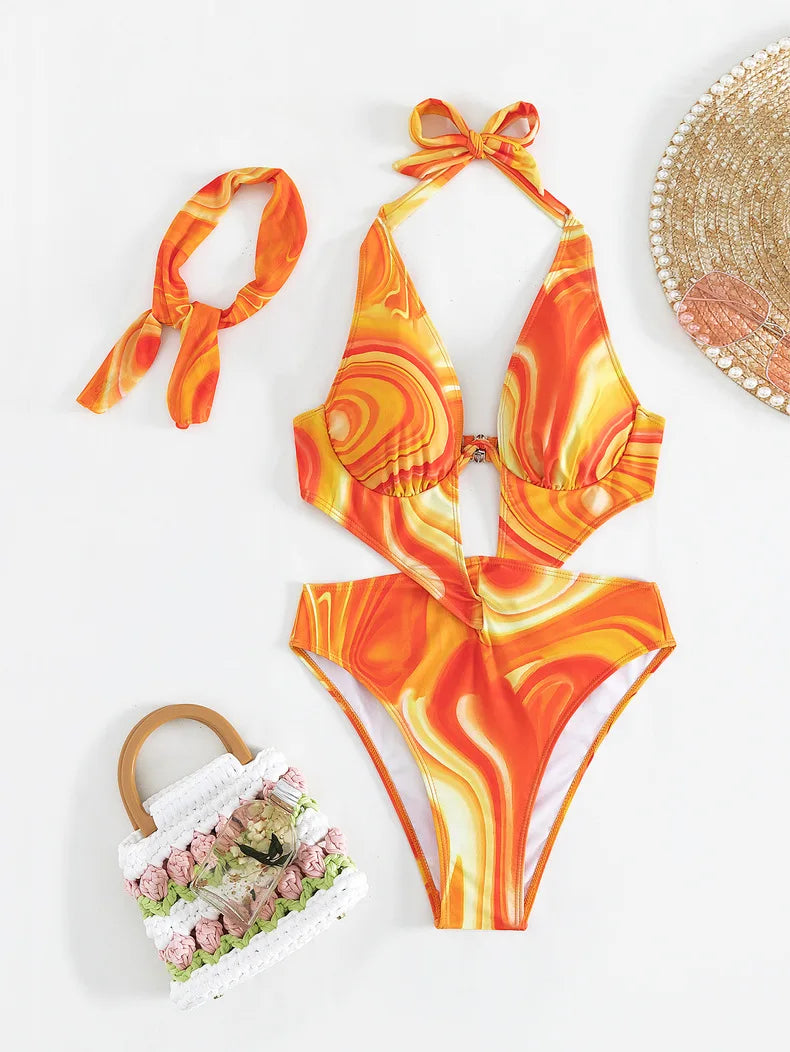 Orange Tie Dye Gradient One Piece Swimsuit 2025 Women Hollow Out Underwire Backless Monokini Beach Bathing Suit Band Swimwear