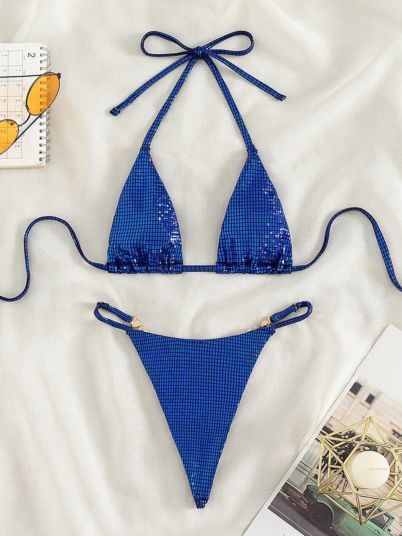Luxury Jewelled Rhinestones Bikinis Sets Women Shiny Sequin Blue Gold Triangle Swimsuit 2024 Brazilian Bathing Suit Swimwear