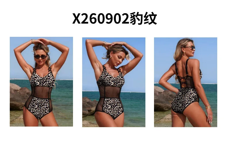 Sexy Black White One Piece Swimsuit 2026 Women Circle Strap Mesh Patchwork Slim Tummy Control Swimwear See Through Bathing Suits
