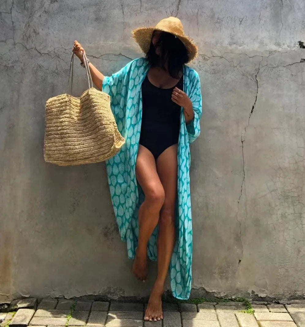 2024 New Summer Sexy Beach Kimono Swimwear Cotton Cover Up Swimsuit Women Print Bikini Cover Up Beachwear Dress Robe