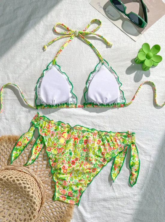 Cute Orange Floral Print Bikini Set Women Halter Ruffles Push Up Tie Side Thong Swimsuit 2026 Summer Bathing Suit Micro Swimwear