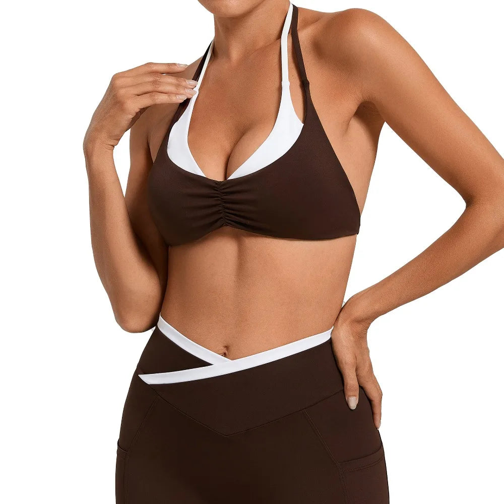 Women's Gym Workout Two-color Yoga Sports Bras Halter Neck Open Back Design Sports Tank Top Running Fitness Built-in Bra Cups