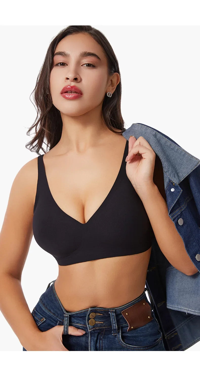 Women's Deep V Jelly Seamless Bra Wire-Free 3D Soft Support Thin Molding Leopard Print Solid Color Comfortable Bra Underwear