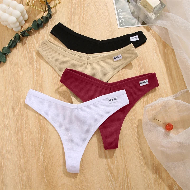 New 7Pcs Women Cotton Waffle Style G-string Panties Ladies Soft Thongs Female S-XL Low-Rise T-Back Panties Bikini Underwear 2024