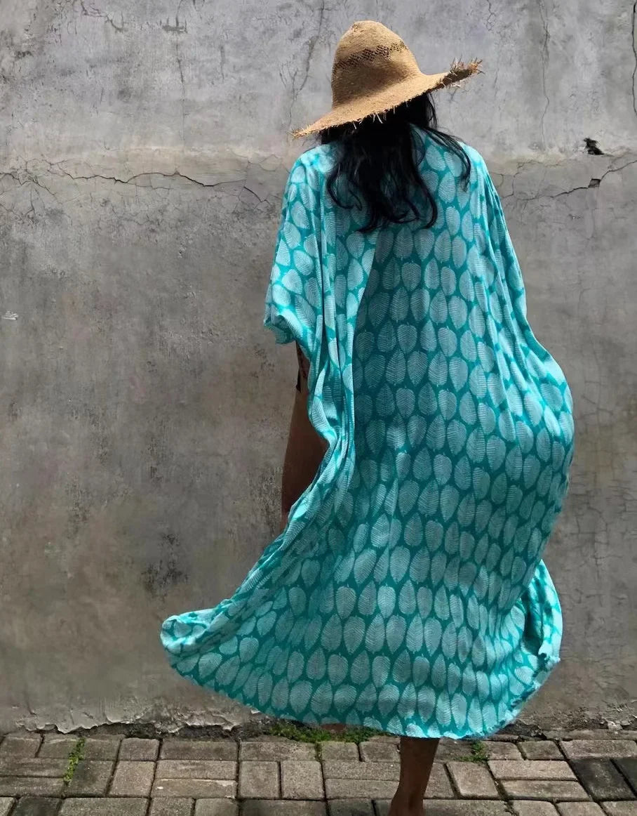 2024 New Summer Sexy Beach Kimono Swimwear Cotton Cover Up Swimsuit Women Print Bikini Cover Up Beachwear Dress Robe