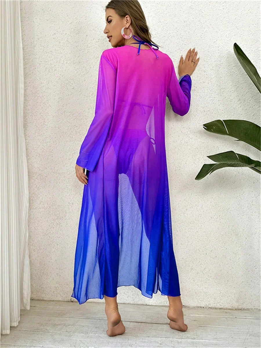 Sexy Kimono 3 Piece Bikini Set 2024 Women Pink Gradient Long Sleeve Cover Up Swimsuit Holiday Summer Bathing Suit Thong Swimwear