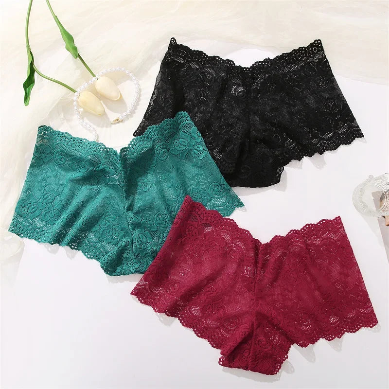 Sexy Lace Panties Women Boyshort Underwear 3Pcs/set Low-Rise Underpants S-XL Ladies Floral Panties Sexy Boyshort Female Lingerie