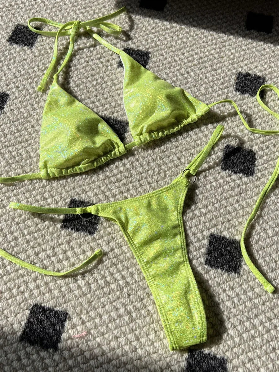Shiny Bikini Set 2025 Women Luxury Bling Purple Neon Green Push Up Micro Swimsuit Summer Bathing Suit Thong Swimwear Biquini