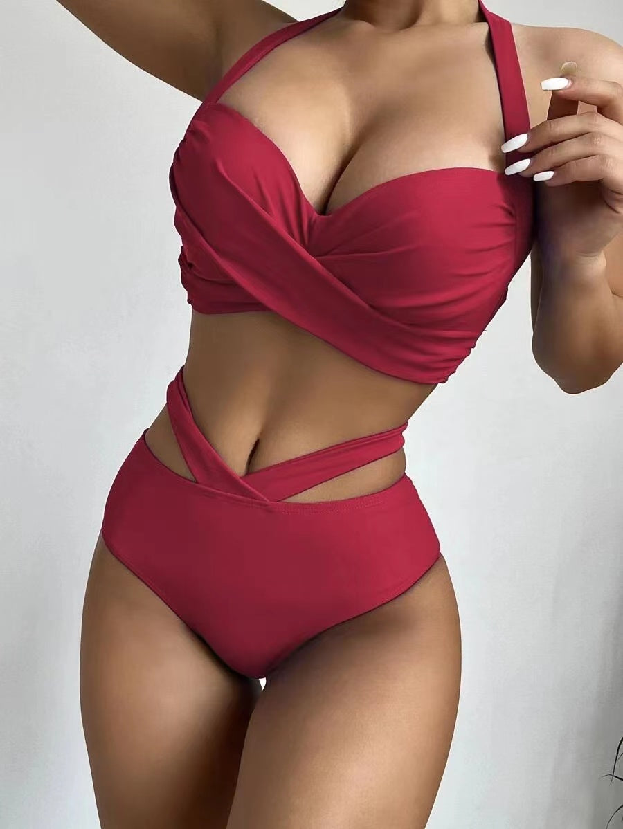 2024 Sexy Push Up Bikini High Waist Swimsuits Twisted Swimwear Women New Solid Biquini Halter Bathing Suit Cut Out Beach Wear