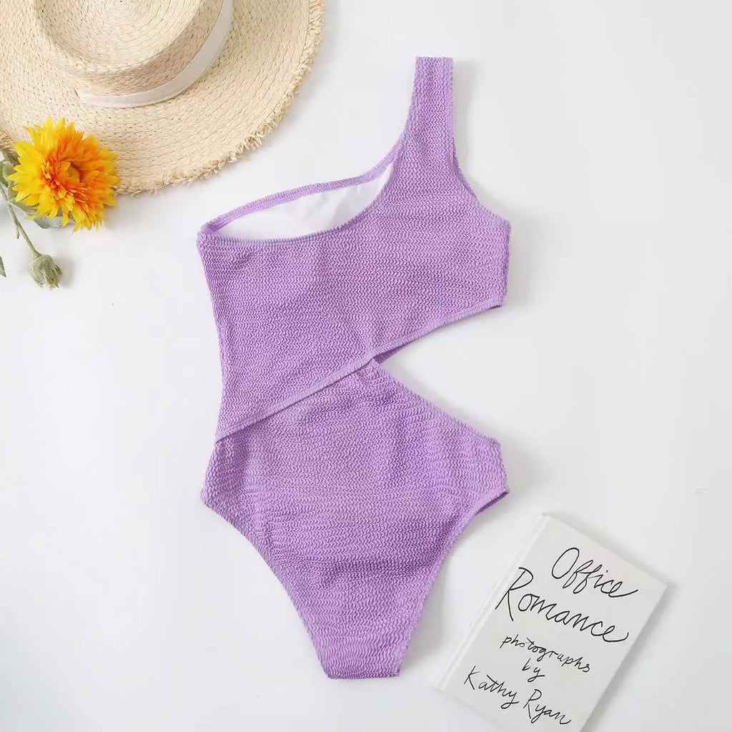 2024 New One Shoulder Women's Swimsuit One Piece Cut Out Sexy Swimwear Women Textured Monokini Solid Bathing Suit Beach Wear