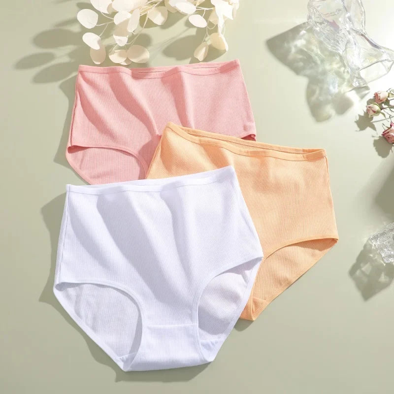 3Pcs women cotton High Waist underwear breathable Striped Panties Female Plus Size Solid Color Briefs comfortable Lingerie S-XXL