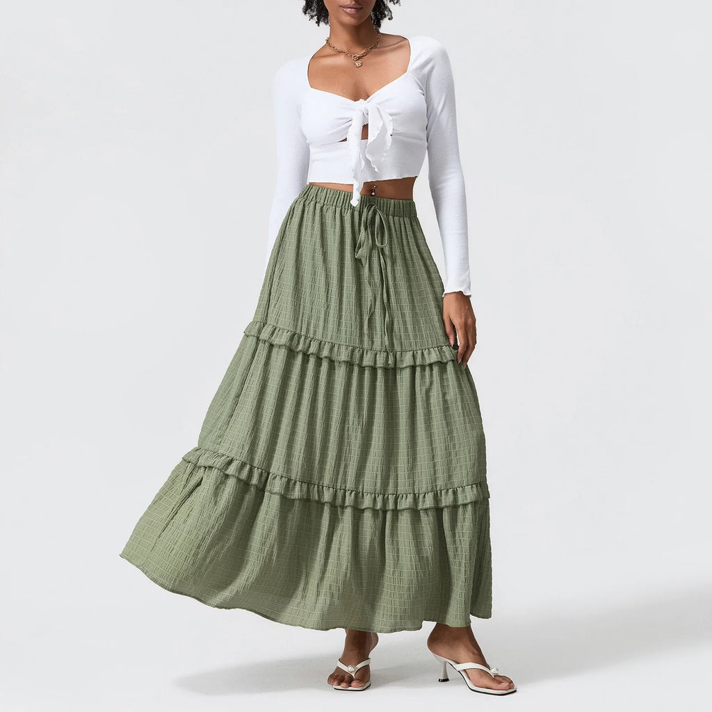 Elegant Women Long Tiered Skirt Summer Autumn Casual Ruffled Shirred Frill Trim Elastic Waist Drawstring A-Line Skirt Streetwear