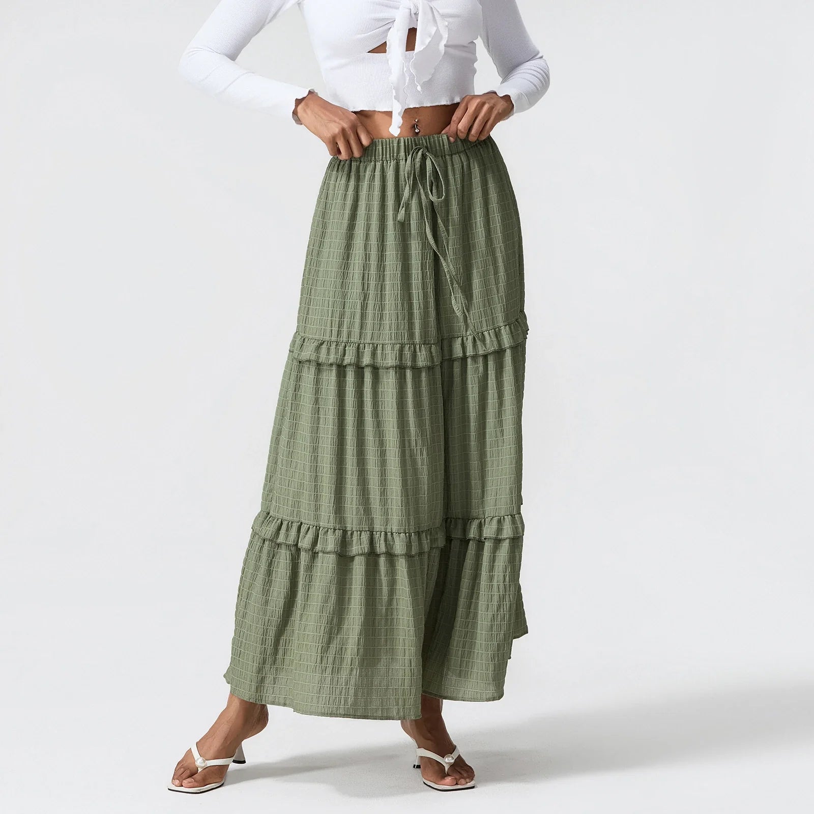 Elegant Women Long Tiered Skirt Summer Autumn Casual Ruffled Shirred Frill Trim Elastic Waist Drawstring A-Line Skirt Streetwear