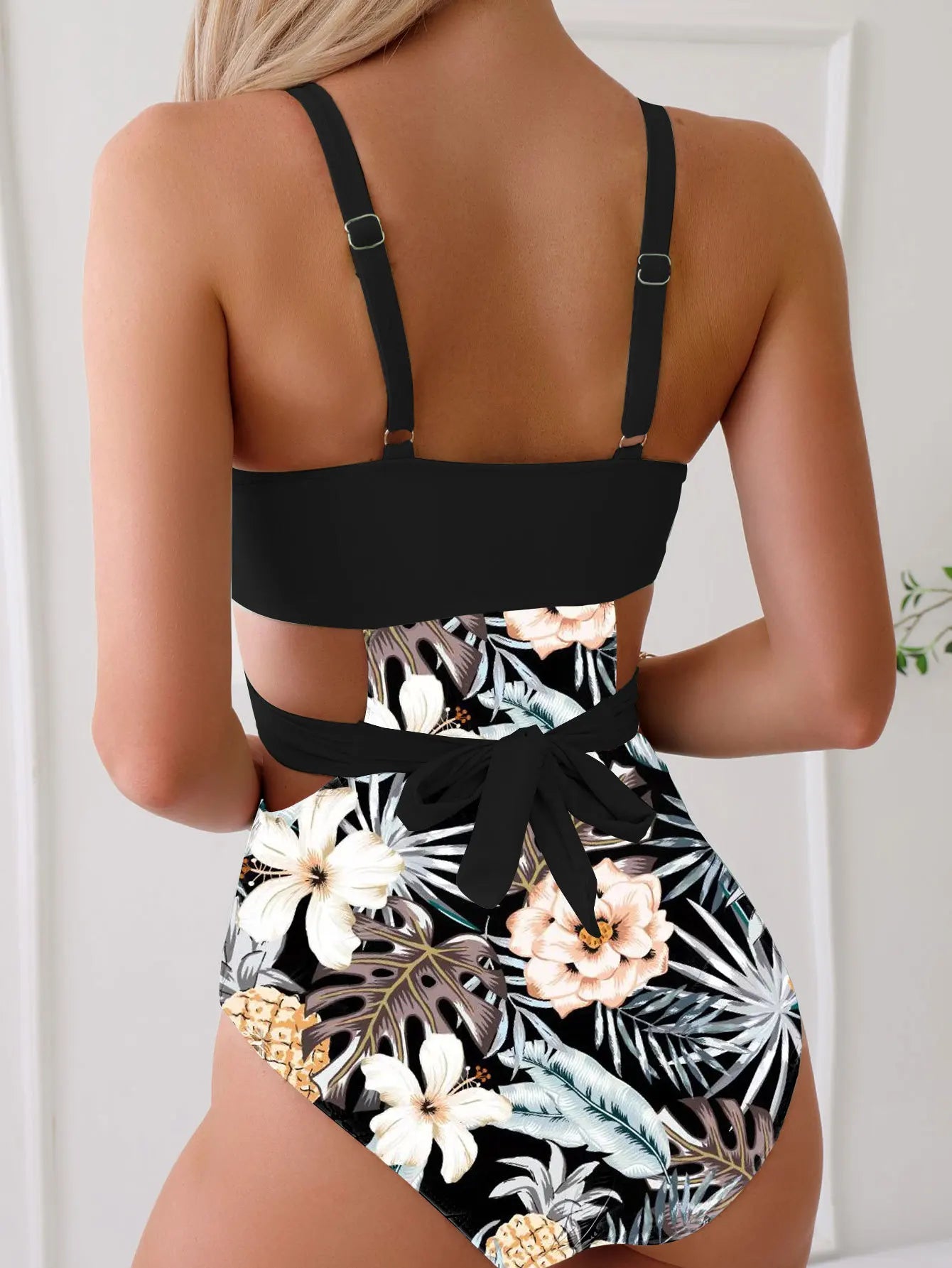 One Piece Swimsuit Women Vintage Green Floral Print Hollow Out Backless High Waist Bikini 2025 Bathing Suit Bandage Swimwear