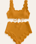 Solid Blue Two Pieces Swimsuit Bathing Suits Bikini Women Scalloped Textured High Waisted Bikini Set Lace Up Bathing Suits XXL