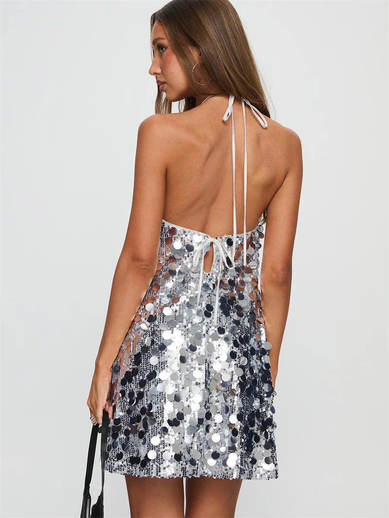 Women Halter Dress Sparkly Sequin Mini Dresses Clubwear Party Date Outfits Sexy Bodycon Dress Sexy Sleeveless Backless Dress