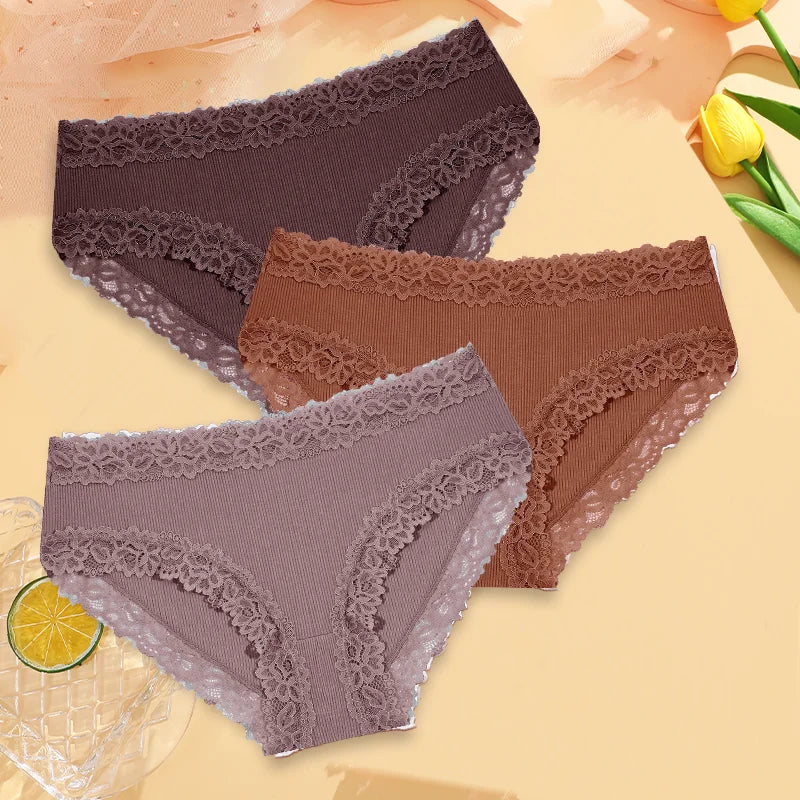 3Pcs Sexy Cotton Lace Panty Women Low Waist Panties Underwear S-XL Solid Color Ladies Briefs Lingere Underware Comfortable Women
