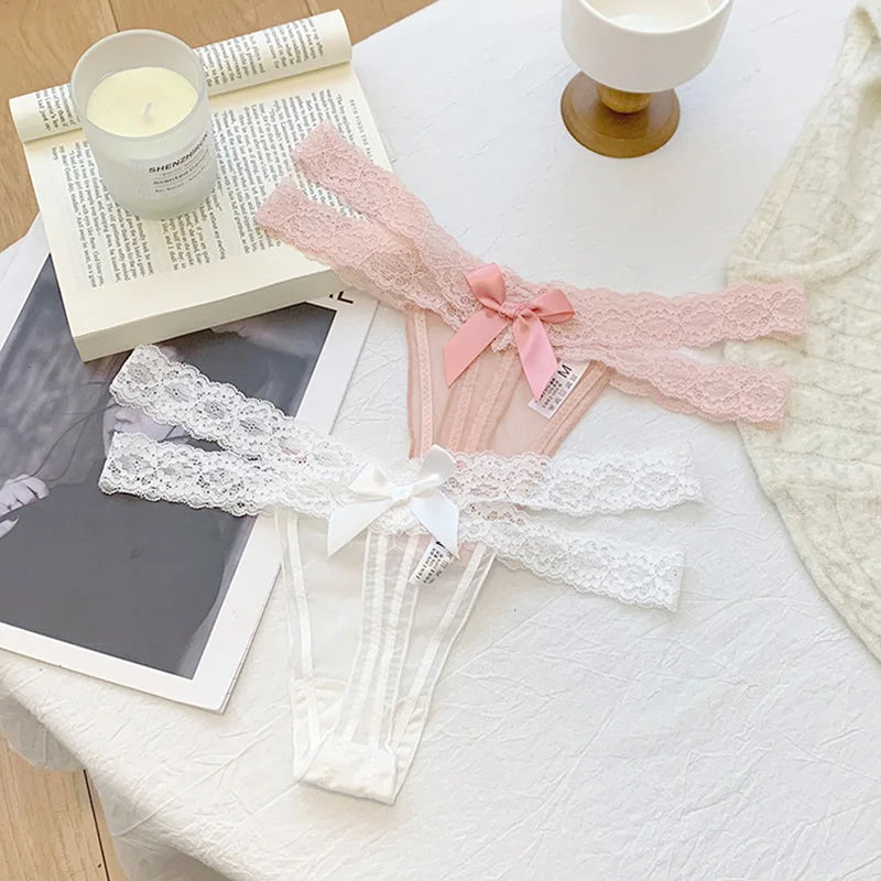 Lace G string Sexy Briefs Panties Women Underwear Thong High Quality Bowknot Transparent Underpants Lingerie Girls Intimates