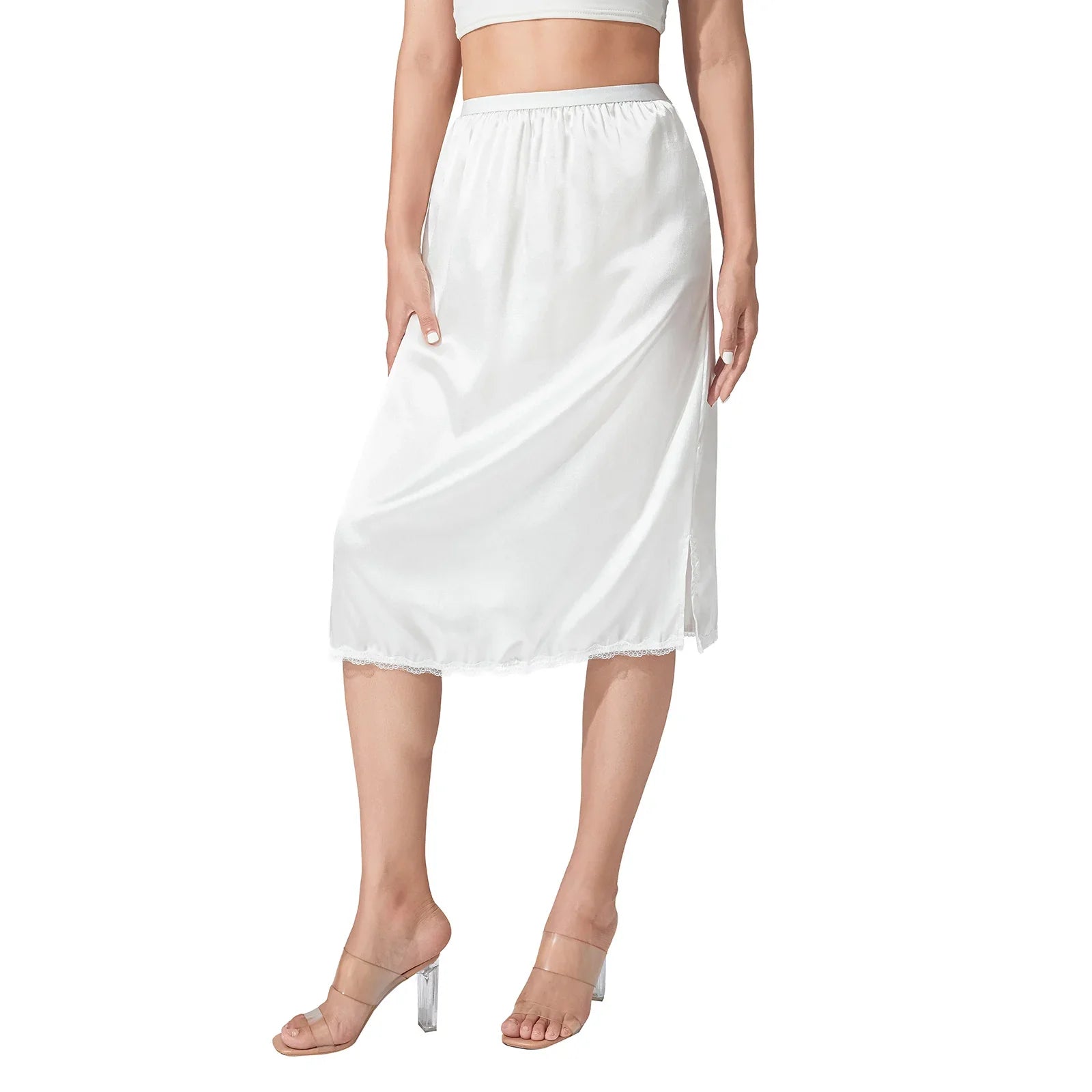 Women's Solid Color Skirts Elastic Waist Satin Underskirt Lace Trim Skirt for Under Dresses Black/White