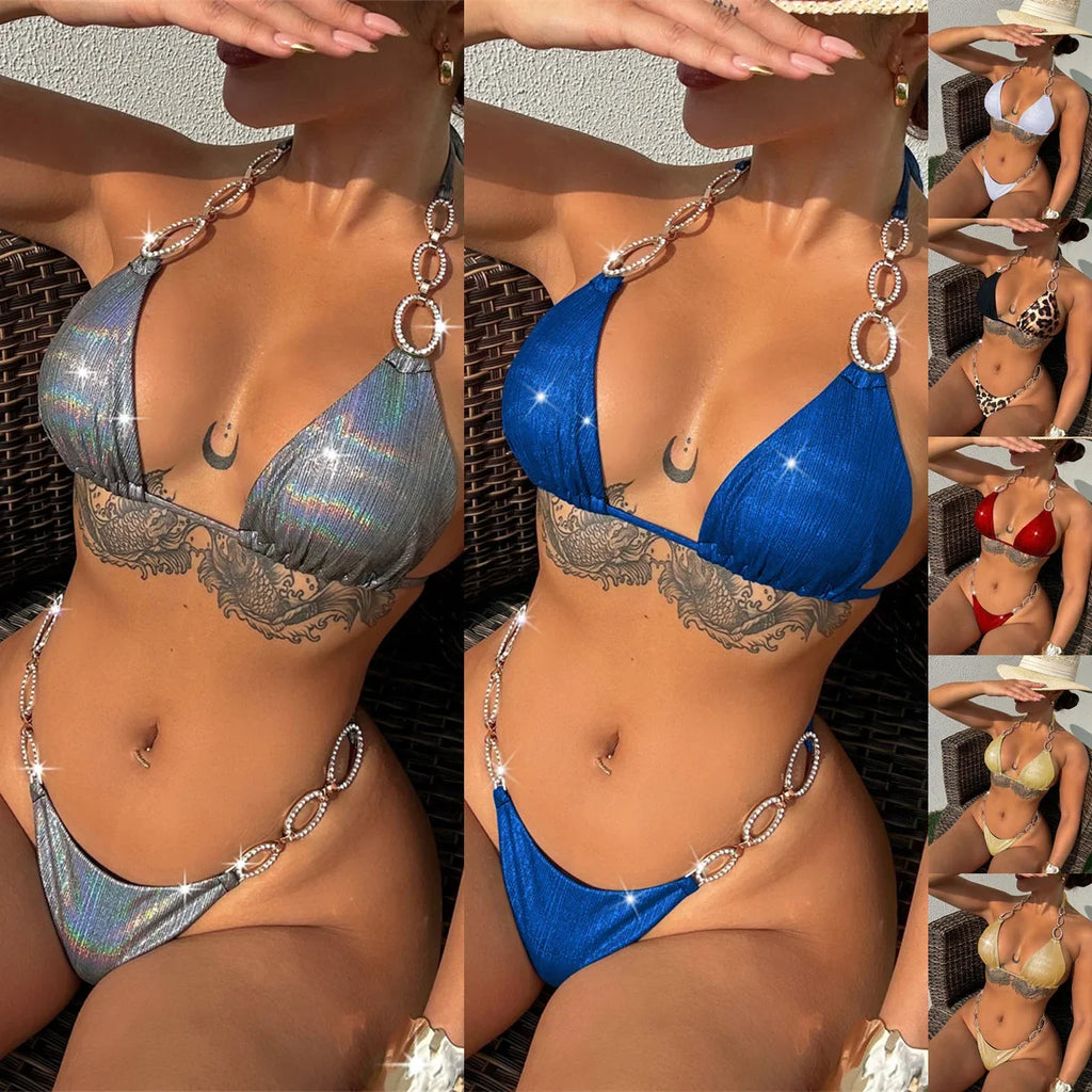 Luxury Rhinestone Bikini 2026 Women Sexy Silver Hollow Push Up Micro Swimsuit Beach Bathing Suit Diamond Thong Swimwear Biquini