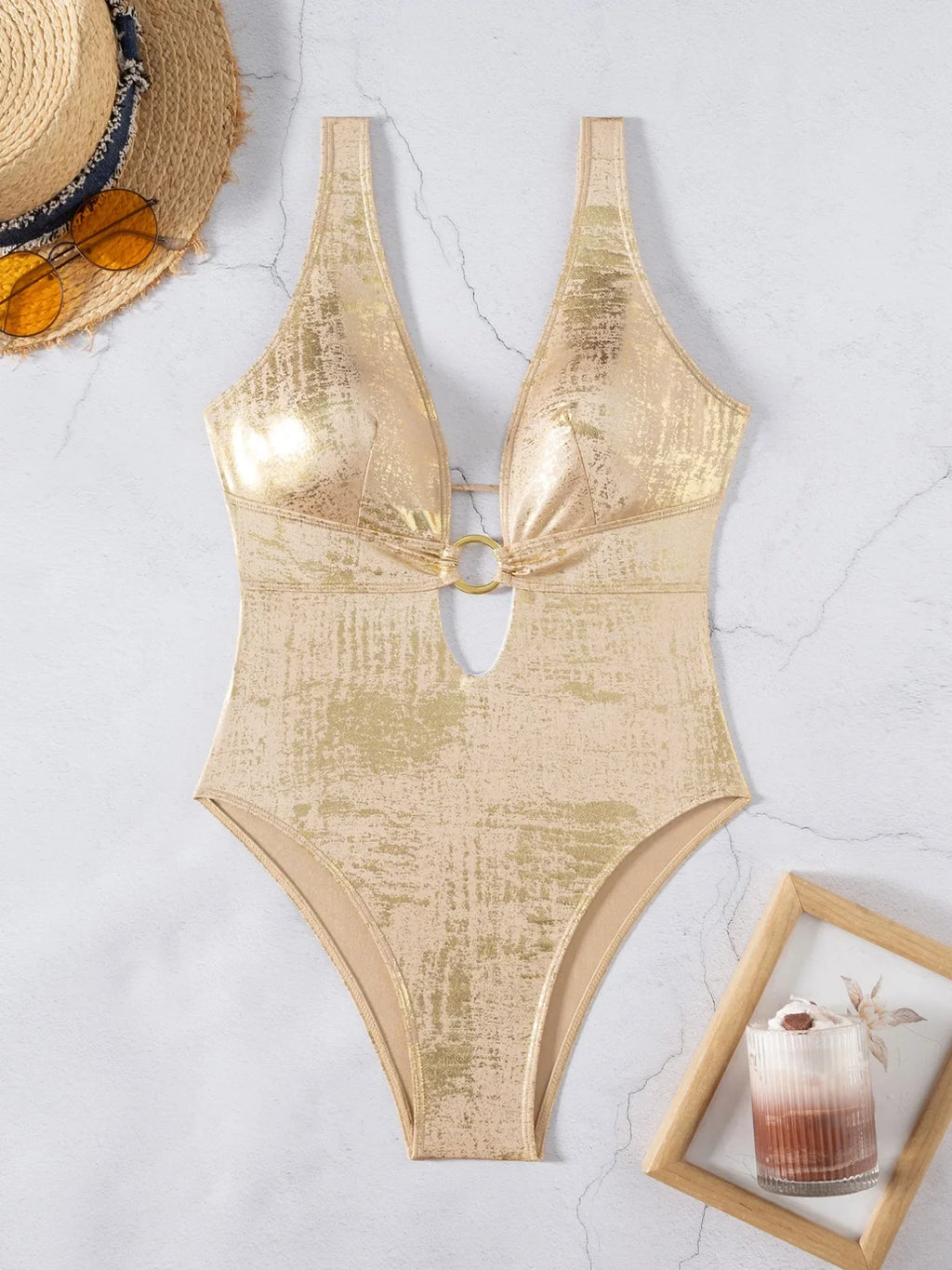 Shiny Gold One Piece Swimsuit 2026 Women Deep V Neck Hollow Out Backless Swimwear Summer Beach Bathing Suit Holiday Monokini