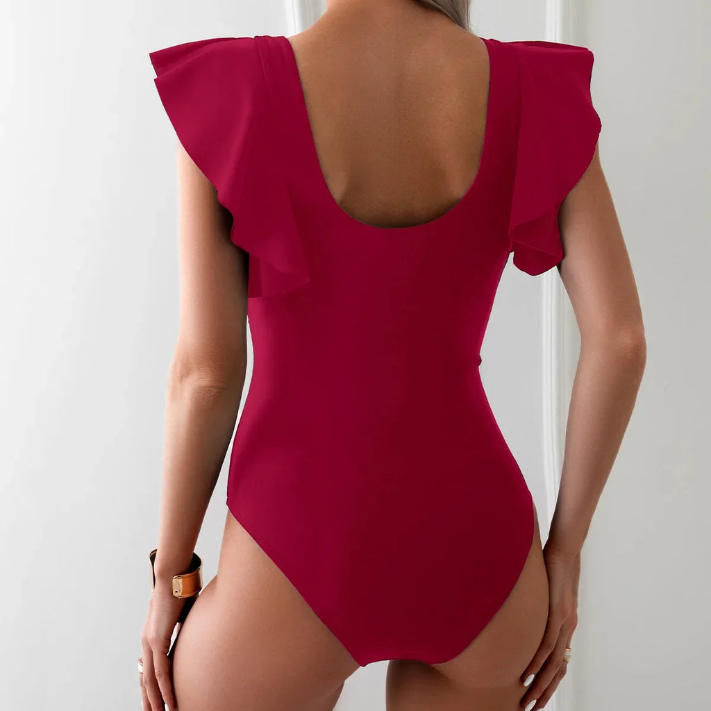 2026 Solid Women's Swimsuit Trend Tummy Control V Neck Sexy Black Bikini Ruched Bathing Suits Slim Fit Ruffle Sleeve Swimwear