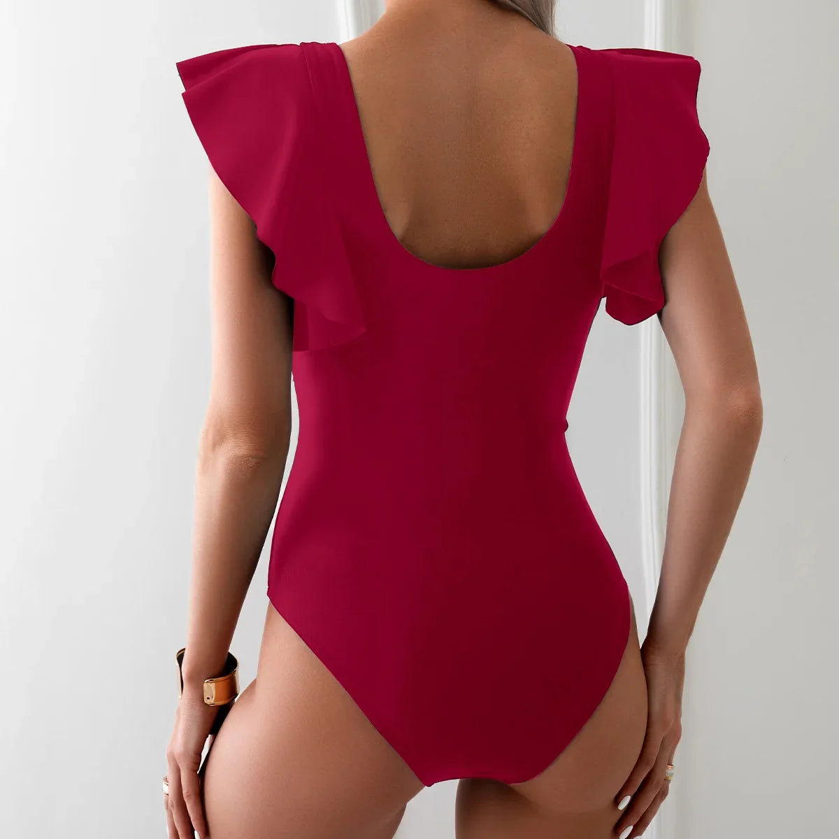 2026 Solid Women's Swimsuit Trend Tummy Control V Neck Sexy Black Bikini Ruched Bathing Suits Slim Fit Ruffle Sleeve Swimwear
